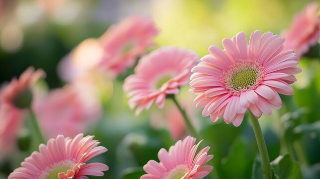 Soft-focus, close-up view of pink gerbera daisies in bloom