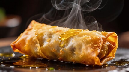 Crispy golden spring roll steaming with rich sauce drizzled on top, evoking warmth and savory indulgence.