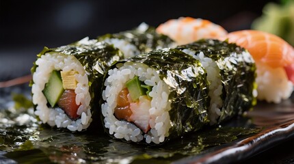 Fresh sushi rolls with salmon, cucumber, and nori wrapped in glistening rice, served on a dark ceramic plate with soft ambient lighting.