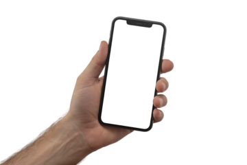 Hand holding the black smartphone with blank screen and modern frameless design in rotated perspective positions - isolated transparent background - Clipping Path