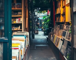 Narrow alleyway lined with bookshops and framed photos
