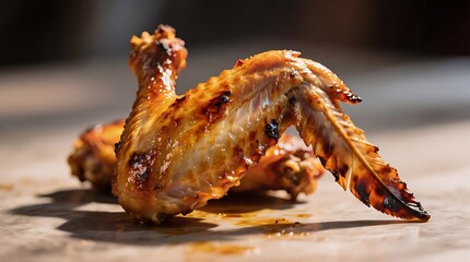 Crispy grilled chicken wing glistening with sauce, resting on a rustic wooden surface, evoking warmth and savory indulgence.