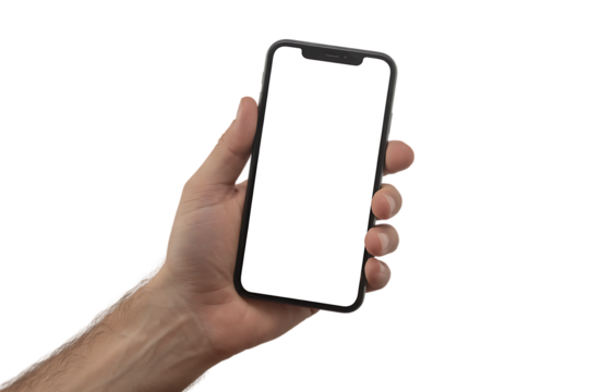 Hand holding the black smartphone with blank screen and modern frameless design in rotated perspective positions - isolated transparent background - Clipping Path