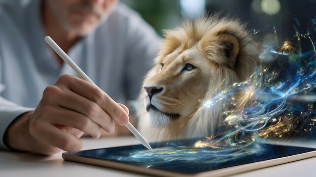 Creative digital art of a man drawing a lion on a tablet with vibrant colors and imaginative effects