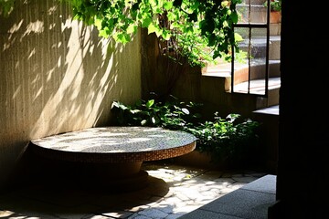 Sunlit courtyard with mosaic table. Lush greenery and shadows