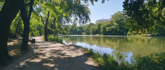Sunny park scene with a calm lake