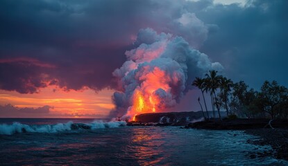 Lava flows into ocean at sunset. Dramatic volcanic eruption with vibrant colors