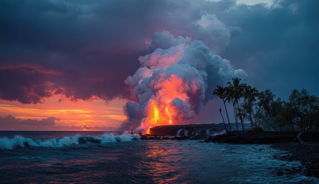 Lava flows into ocean at sunset. Dramatic volcanic eruption with vibrant colors