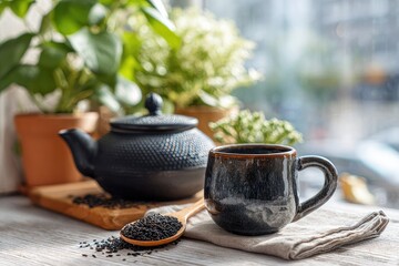 Dark-toned tea set on a windowsill, with tea seeds