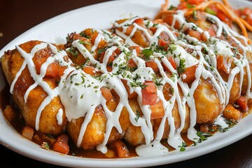 Plate of enchiladas topped with sauce, sour cream, and diced tomatoes