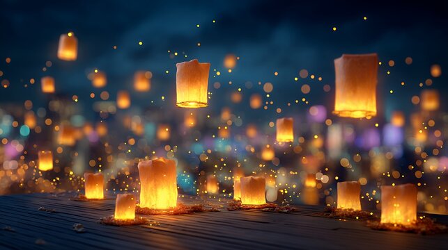 floating lanterns illuminate the night sky