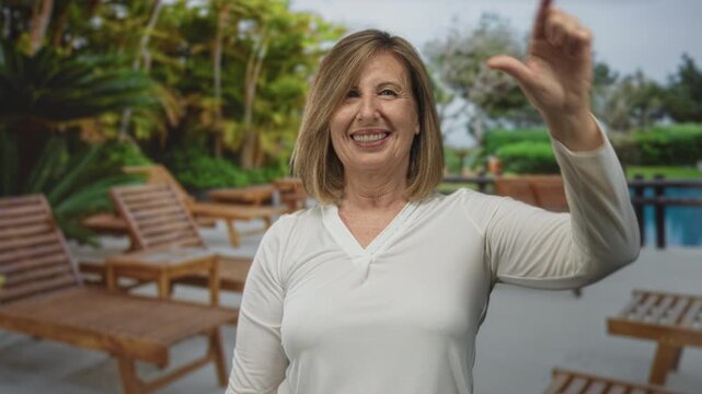 Woman in white shirt makes loser gesture with hand at sunny resort poolside with lounge chairs; teasing.