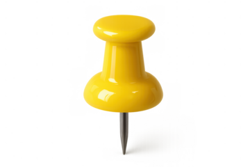 Yellow pushpin standing upright with a sharp metal point, classic office stationery for organizing documents, transparent background