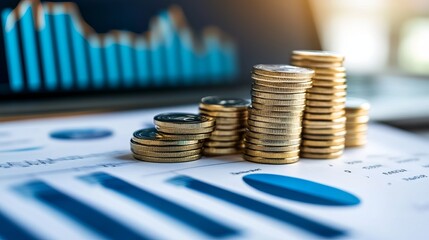 Stacks of coins on financial documents, charts and graphs