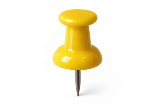 Yellow pushpin standing upright with a sharp metal point, classic office stationery for organizing documents, transparent background
