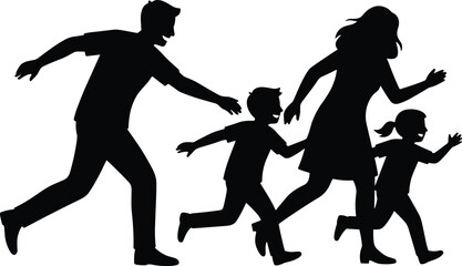 Running family silhouette, black and white vector, motion pose, urgency concept, minimal illustration, dynamic group, escape or activity theme