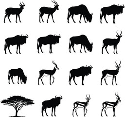 Savanna animal silhouette grid, antelope and wildebeest poses, acacia tree, species variation, black and white, wildlife vector illustration set