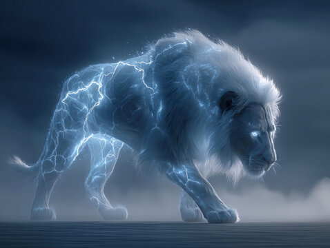 A luminous, ethereal lion standing assertively with a raised paw against a cloudy backdrop The lion emits light from its fur and muscles, particularly noticeable in the mane and eye ar - AI-Generated