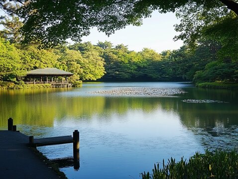 Serene Japanese garden pond with pavilion. Lush greenery frames a calm lake