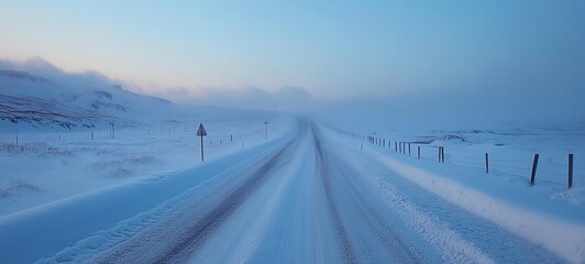 Snowy road stretching into a pale blue, misty landscape