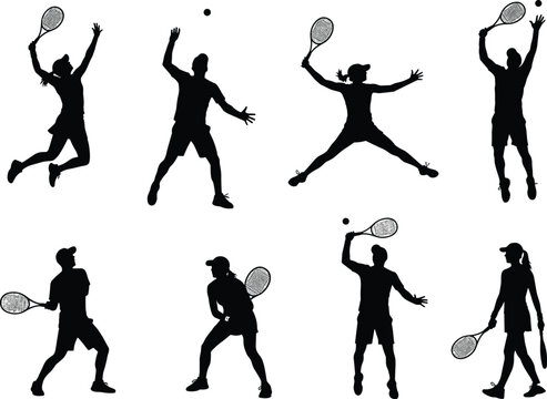 Silhouette of tennis players in action poses, racket motion, athletic stance, black figure, sports illustration, dynamic movement, serve and strike gestures
