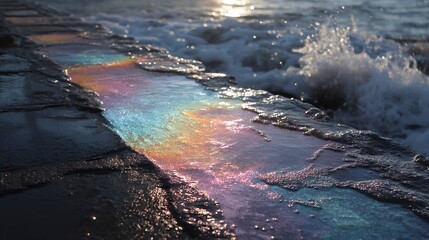 Obraz premium rainbow reflection on rocky shoreline with waves
