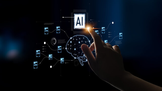AI neural network and data processing system visualizing artificial intelligence with brain structure, chip, and connected data blocks for computation and learning Latch - Powered by Adobe