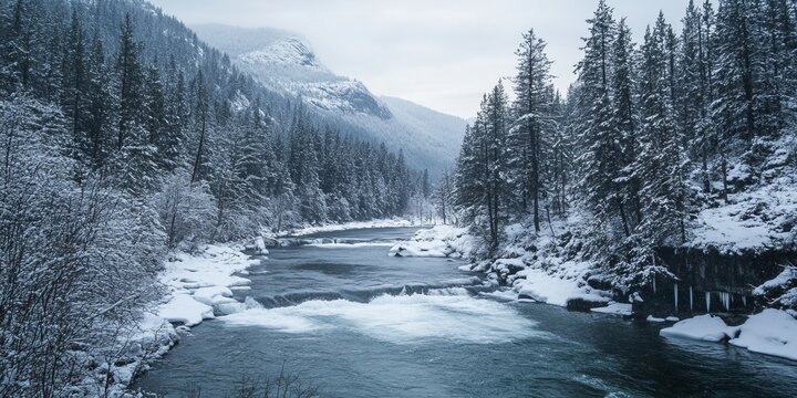 Snowy winter landscape with a river flowing through a forested valley
