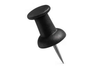 Black pushpin isolated on a transparent background, used for pinning documents, reminders, and important