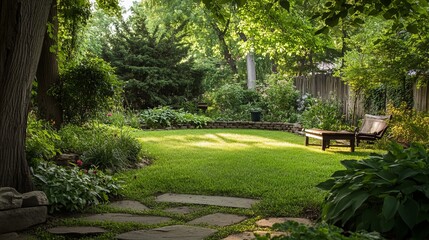 Fototapeta premium Sun-drenched backyard garden with patio