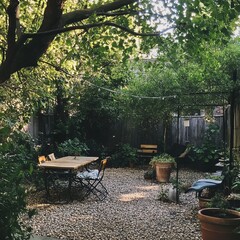Sunny backyard patio with lush greenery and wooden furniture