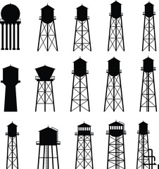 Water tower silhouette set, architectural variation, utility structure grid, black and white, civil engineering concept, urban infrastructure, tank design comparison