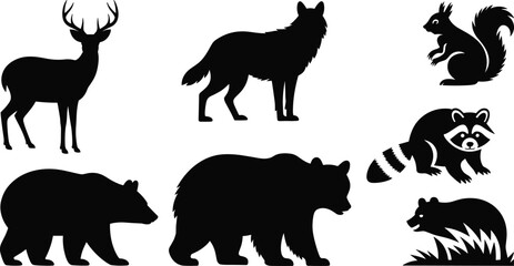 Woodland animal silhouettes, forest wildlife vector, deer, bear, raccoon, squirrel, wolf, beaver, black shapes, nature icons, North American mammals, clipart