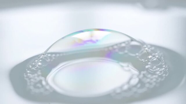 Closeup of a mesmerizing soap bubble with iridescent colors reflecting on its surface showcasing the delicate and ephemeral beauty of light refraction and surface tension in a macro view.