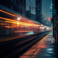 Urban train moving at night, city lights blur