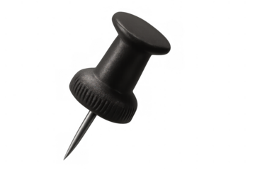 Single black pushpin creating focus, holding content, and highlighting important information on transparent background