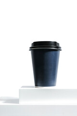 Dark Blue Disposable Coffee Cup on White Minimalist Stand