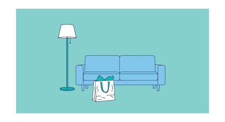 Minimalist living room scene with lamp sofa and shopping bag silhouette