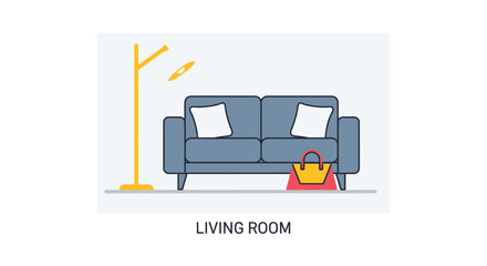 Minimalist living room interior featuring sofa lamp and handbag silhouette