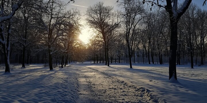 Winter sun sets over snowy park path