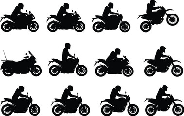 Obraz premium Motorcycle rider silhouettes, side profile view, different bike styles, seated postures, sport and touring motorcycles, black figures, riding dynamics, ergonomic comparison