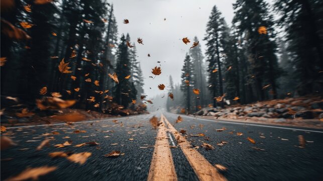 Autumn leaves blowing across a forest road with pine trees