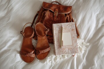 Brown leather travel backpack and sandals with journal on white bed