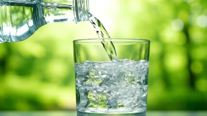 Refreshing clear water is poured from a plastic bottle into a transparent glass filled with ice cubes set against a vibrant blurred green natural background symbolizing purity hydration and a healthy. - Powered by Adobe