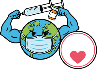 Cartoon Earth with muscles, face mask, vaccine vial, syringe, fighting virus, global health, pandemic protection, COVID-19 resilience, medical strength, immunity symbol, hope