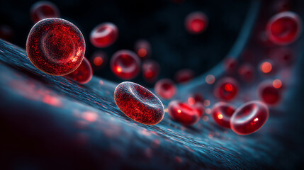 Medical Science Visualization: Red Blood Cells Flowing Through Curved Capillary - Microscopic Blood Circulation Rendering
