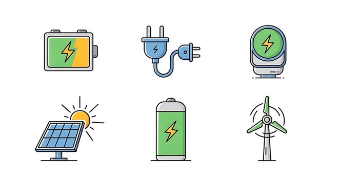 Energy Sources - Solar, Wind, Battery, and Charging Icons.