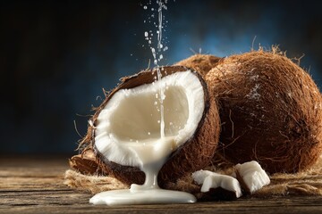 Fresh coconut milk pouring into halved coconut on rustic wooden table