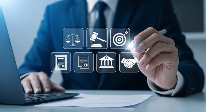 Conceptual depiction of legal expertise, justice symbols, and professional guidance in business law and financial services, presented by a consultant