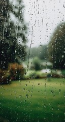 Raindrops on a window pane, blurring a garden scene